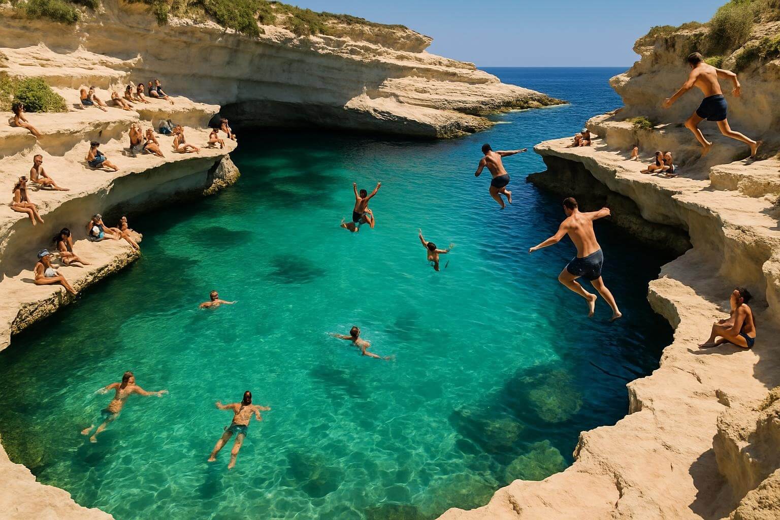 St. Peter's Pool Malta natural swimming hole with crystal clear turquoise water, white limestone cliffs, cliff jumping platform, and swimmers enjoying this popular Malta attraction