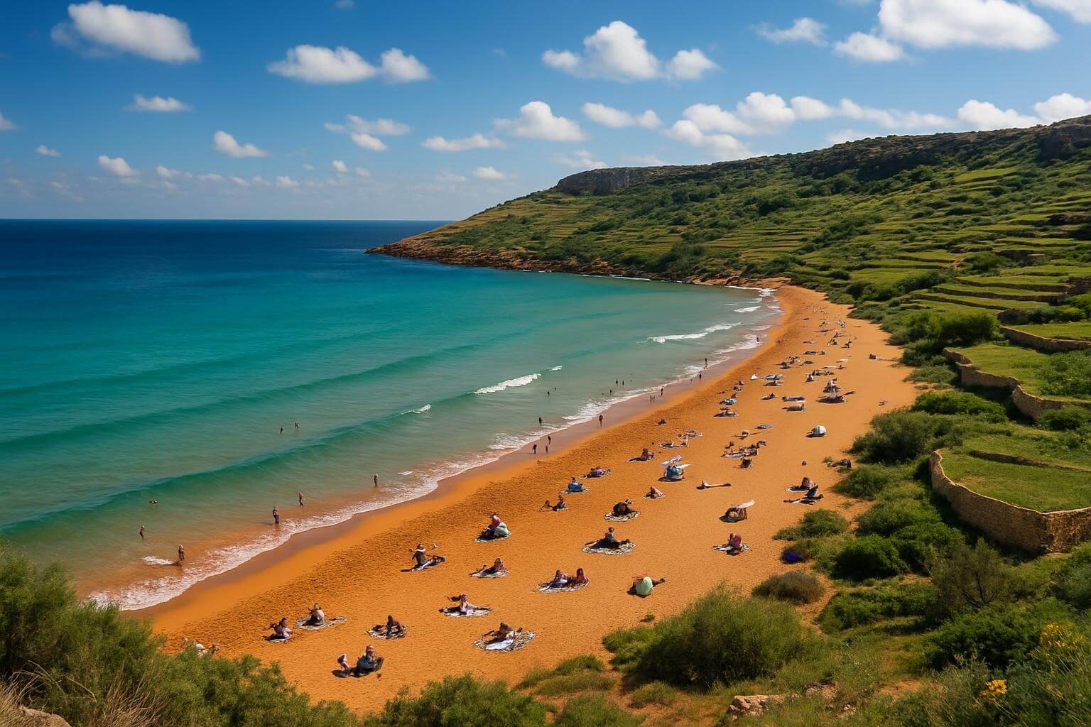 Ramla Bay Gozo beach with distinctive red-golden sand, Mediterranean Sea, green Gozitan countryside, traditional stone walls, and beachgoers relaxing on Gozo's largest beach