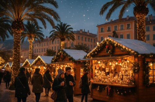 charming Christmas market in Nice, France at twilight, warm golden lights glowing from wooden chalet stalls decorated with garlands and ornaments