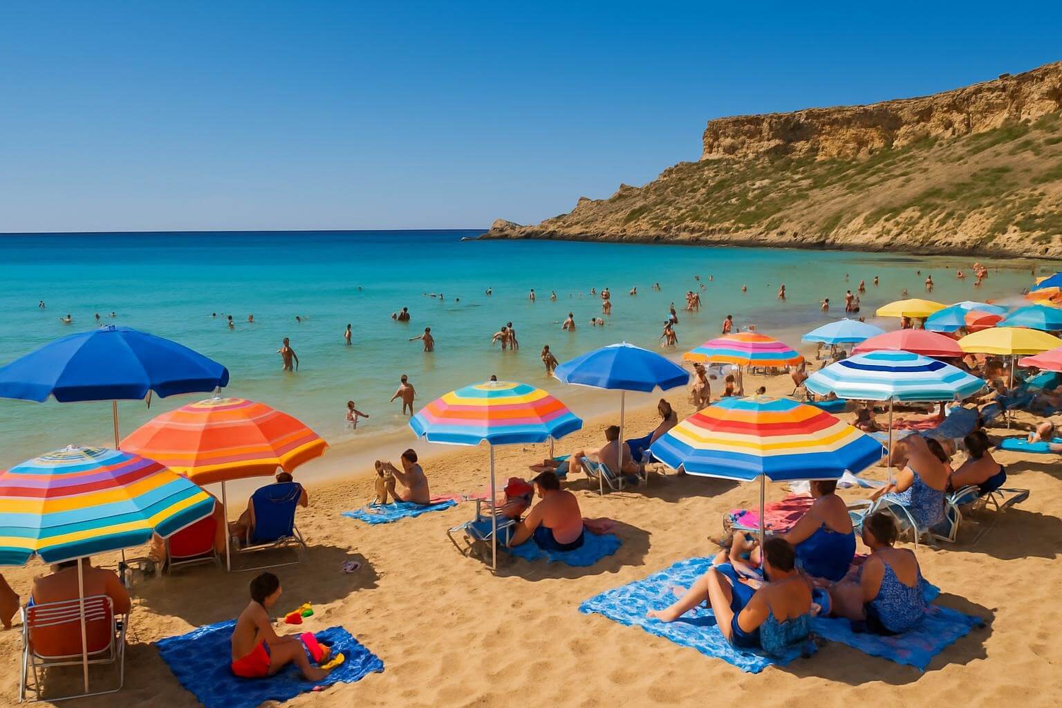 Families enjoying Golden Bay beach Malta with colorful umbrellas, beach chairs, children playing in shallow turquoise water, limestone cliffs, and typical Mediterranean beach atmosphere