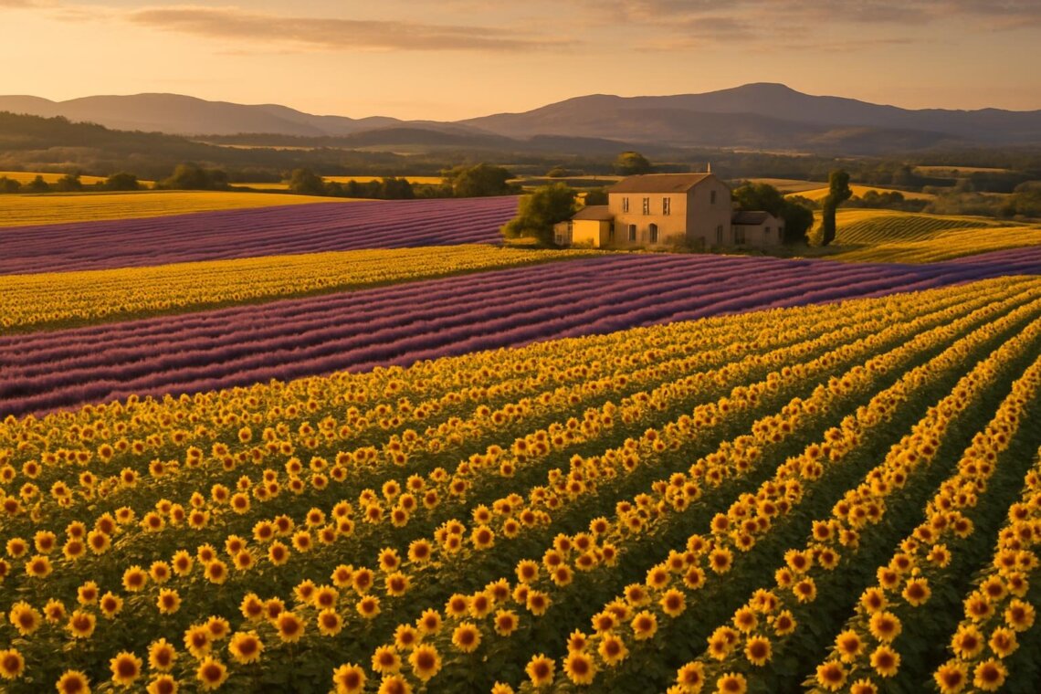 Aerial view of sunflower fields in Provence France during golden hour with lavender rows and traditional farmhouse