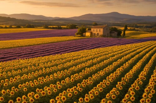 Aerial view of sunflower fields in Provence France during golden hour with lavender rows and traditional farmhouse
