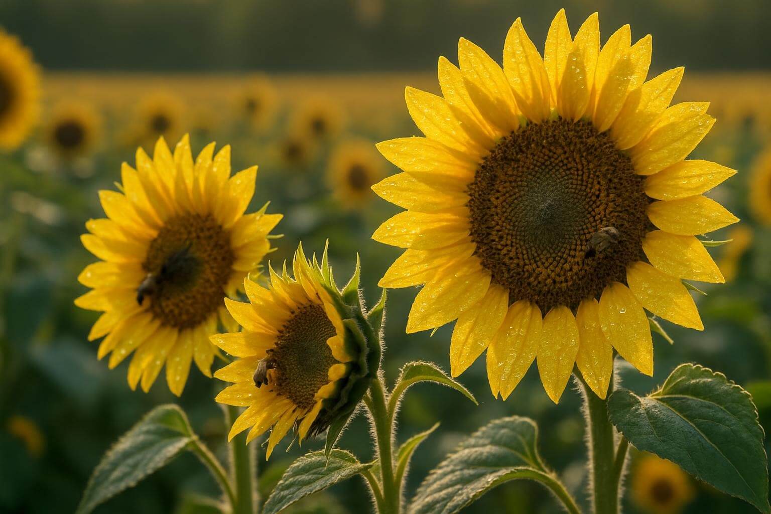 Close-up of blooming sunflowers in Provence with morning dewdrops and bees collecting nectar