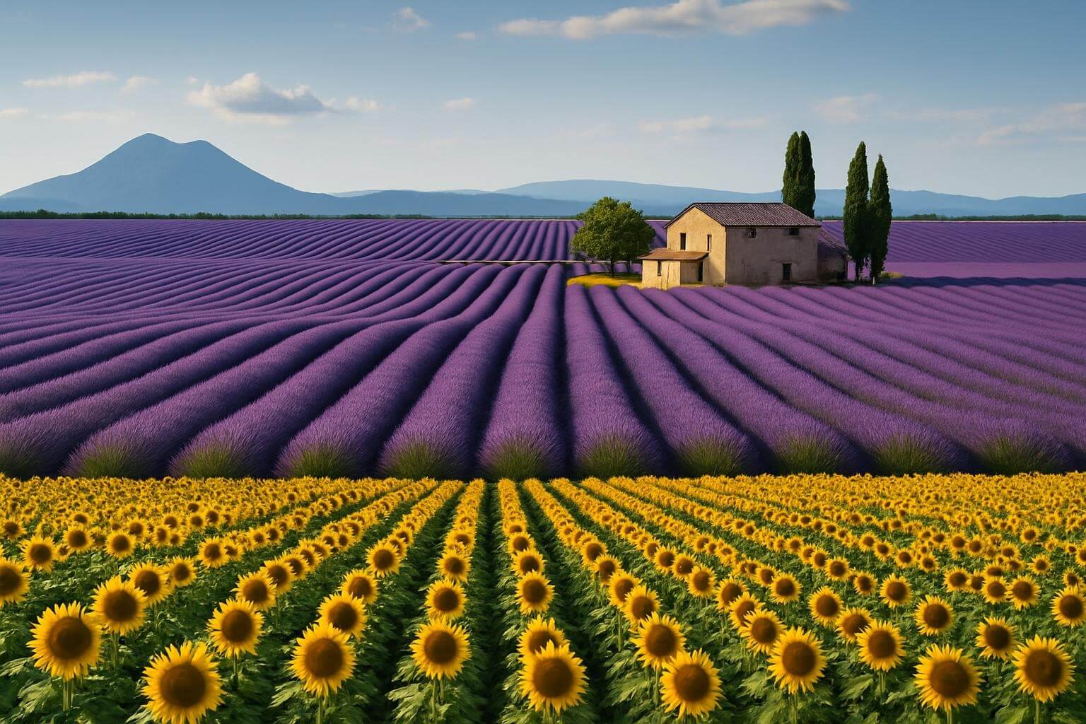 Valensole Plateau sunflower and lavender fields with distant Alps mountains in Provence France