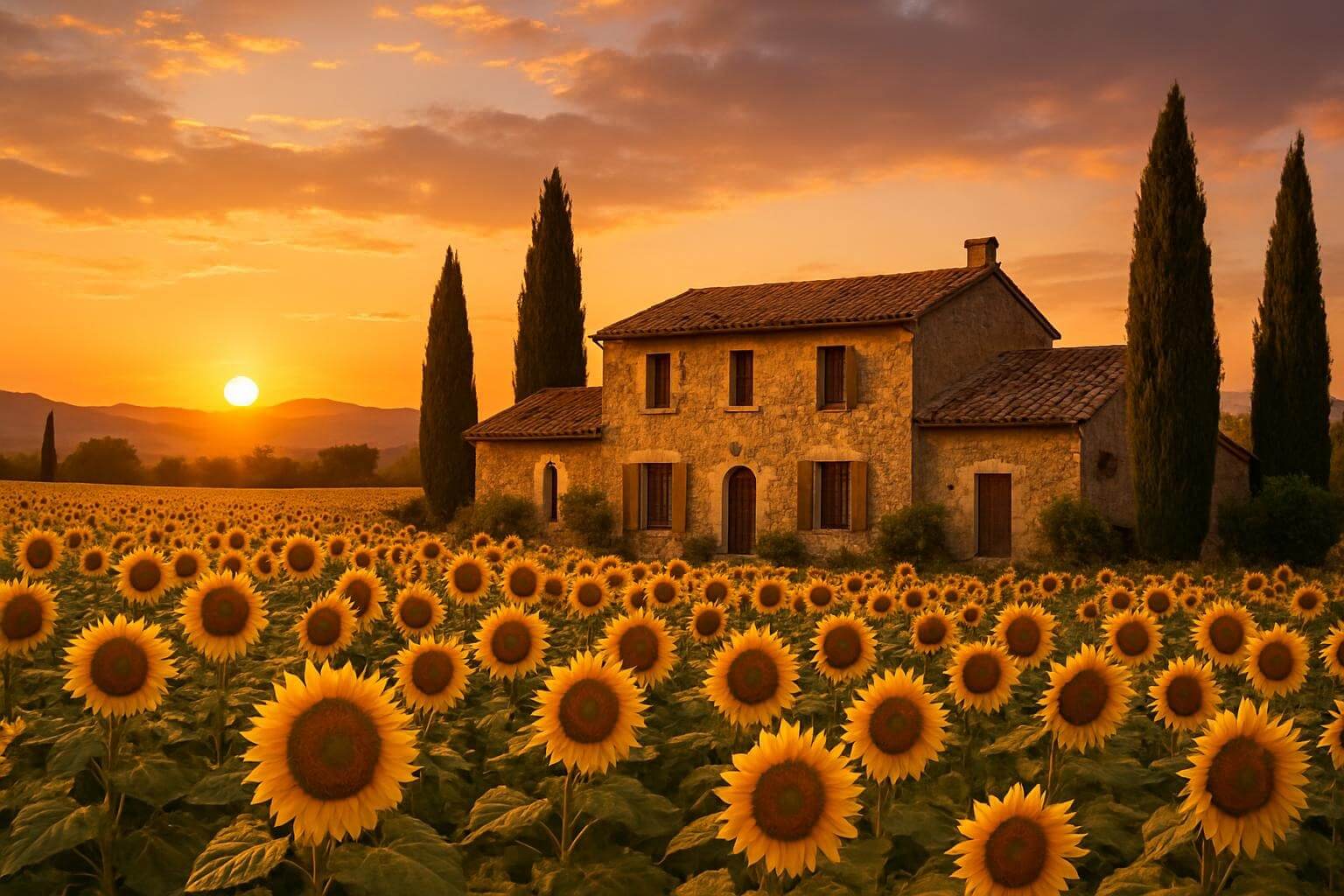 Traditional Provençal stone farmhouse surrounded by sunflower fields at sunset with cypress trees