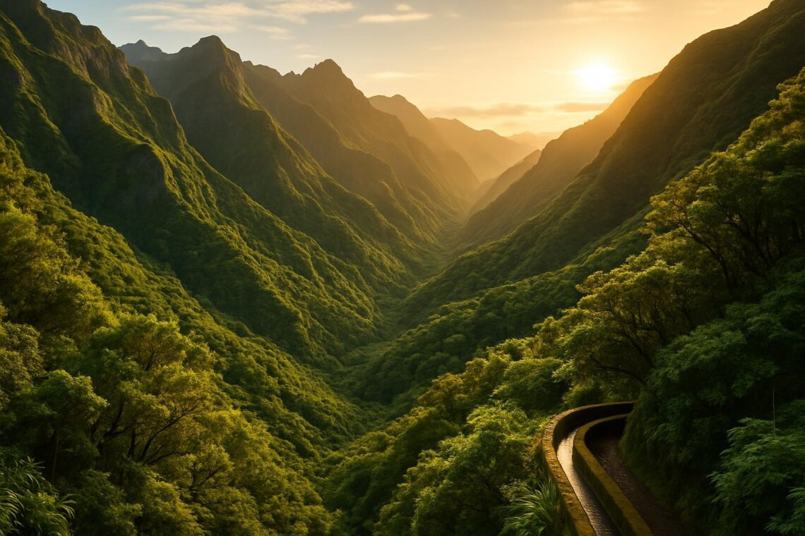 Aerial view of Madeira's dramatic mountain ridges and lush green valleys with levada water channel winding through laurel forest at golden hour