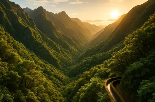 Aerial view of Madeira's dramatic mountain ridges and lush green valleys with levada water channel winding through laurel forest at golden hour