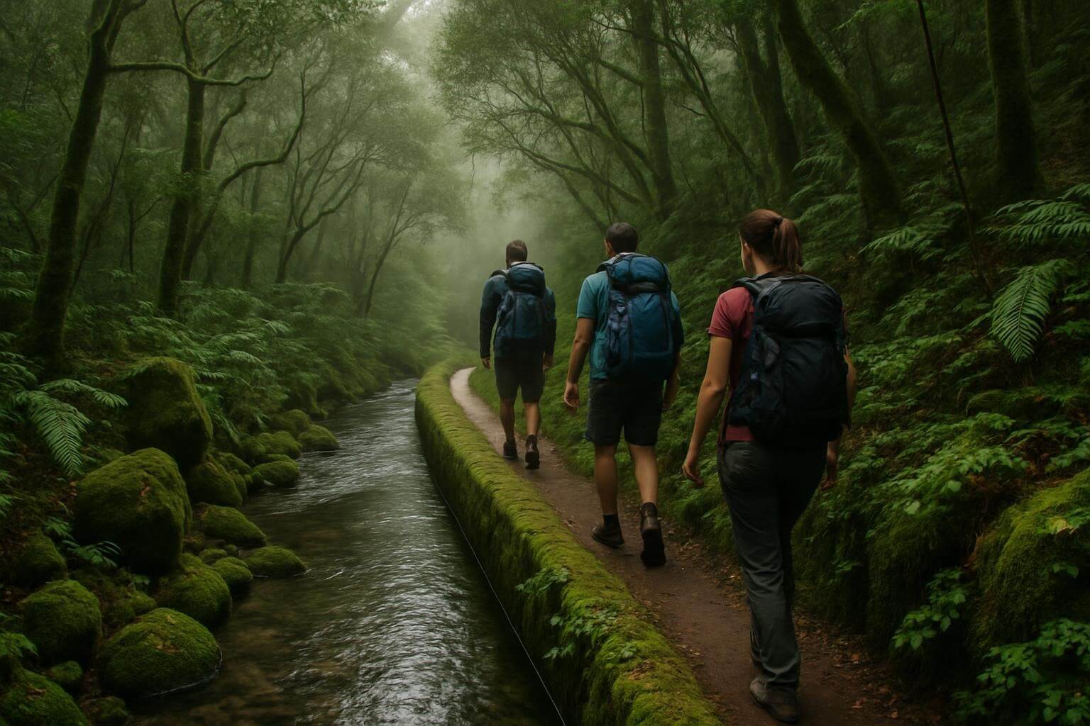 Hikers walking along narrow levada irrigation channel surrounded by dense green laurel forest in Madeira with crystal clear water flowing