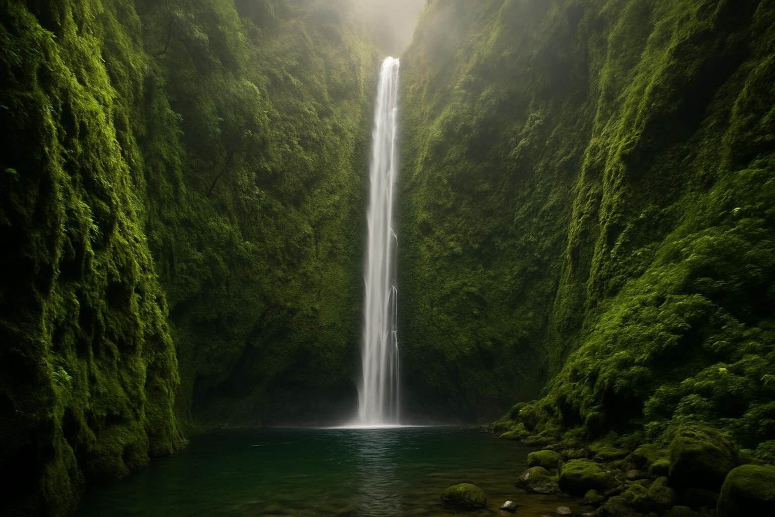 Caldeirão Verde waterfall cascading 100 meters into emerald green pool surrounded by volcanic cliffs and lush vegetation in Madeira