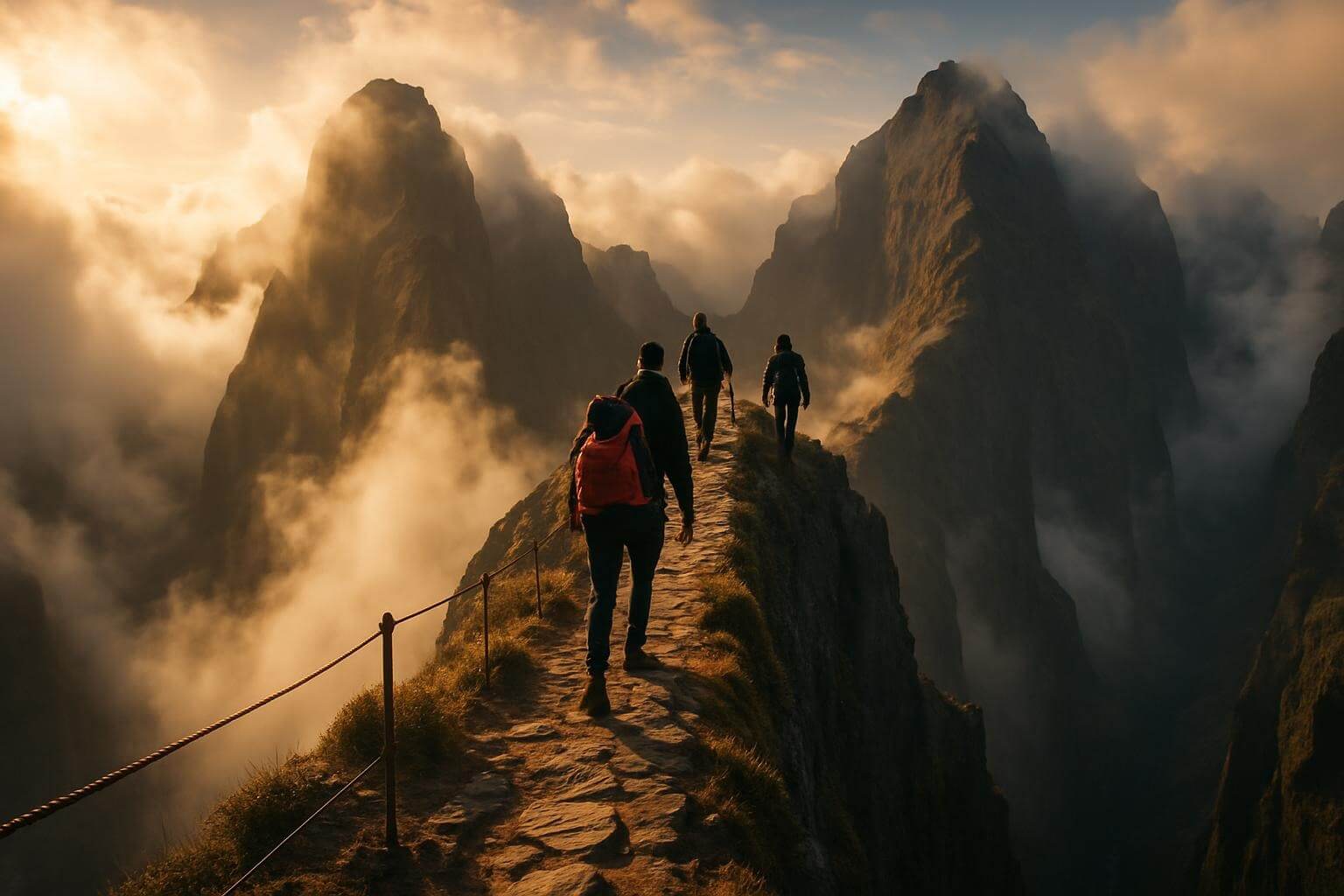 Hikers traversing narrow mountain ridge between Pico do Arieiro and Pico Ruivo with dramatic rocky peaks and steep cliff drops in Madeira
