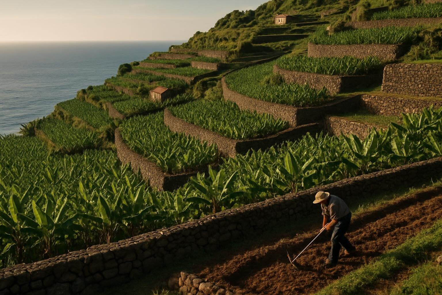 Traditional terraced agricultural landscapes in Madeira with stone walls, banana plantations, and Atlantic Ocean views during golden hour