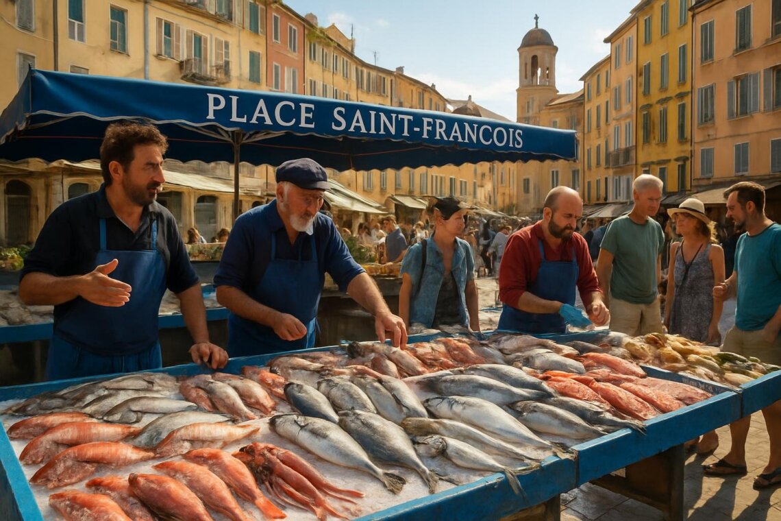 Bustling Nice Fish Market in Place Saint-François showing fresh Mediterranean seafood displays, local vendors in aprons, and tourists shopping under morning sunlight in Old Town Nice, France
