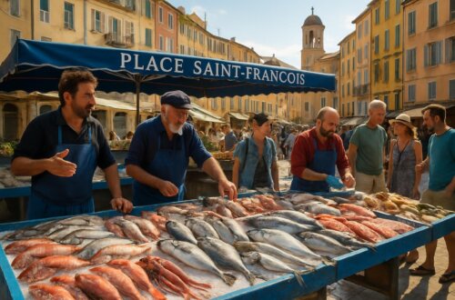 Bustling Nice Fish Market in Place Saint-François showing fresh Mediterranean seafood displays, local vendors in aprons, and tourists shopping under morning sunlight in Old Town Nice, France