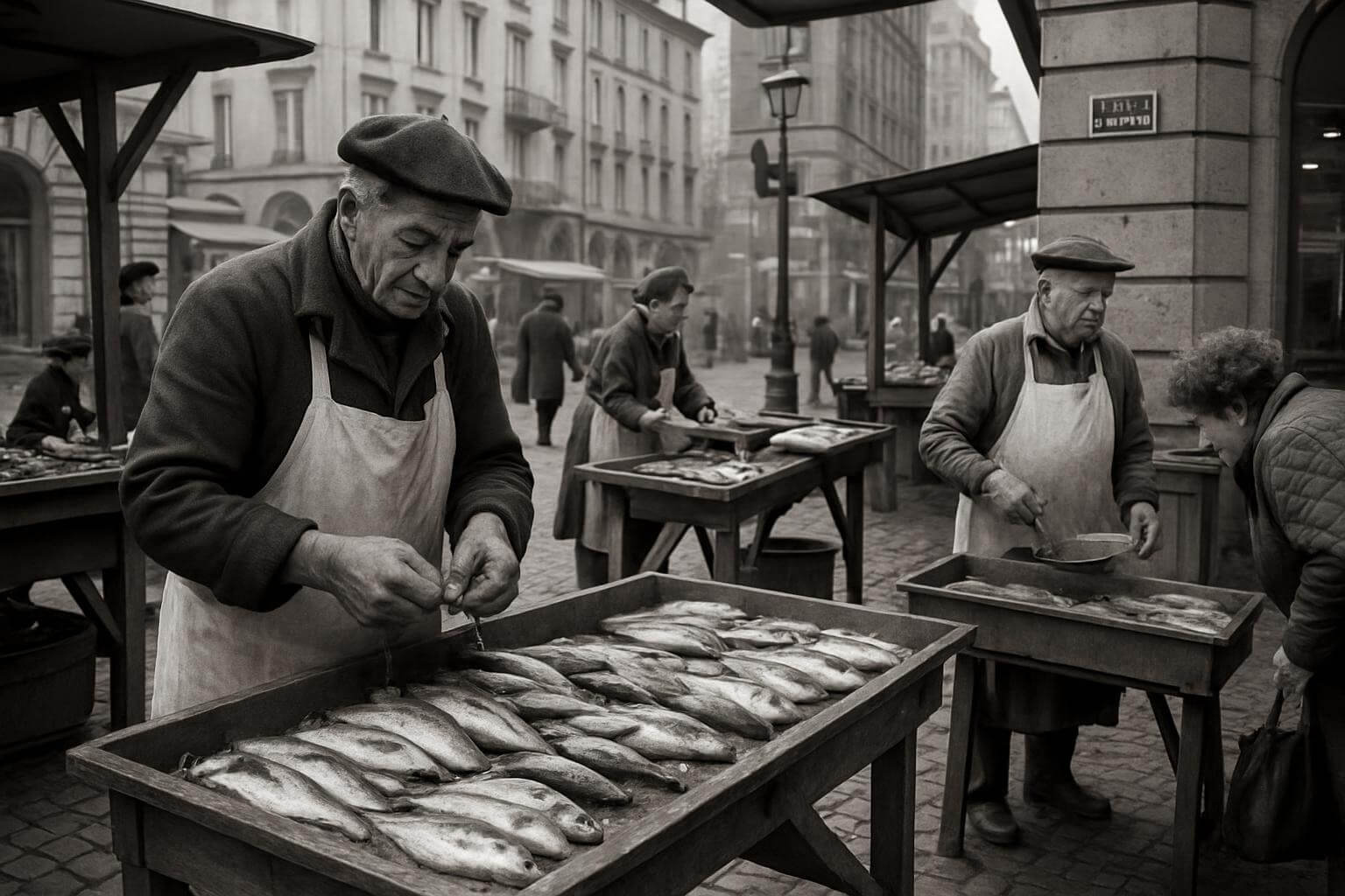 Historical view of Nice Fish Market vendors in Place Saint-François with traditional wooden stalls, cobblestone streets, and vintage market atmosphere showing the market's evolution over time