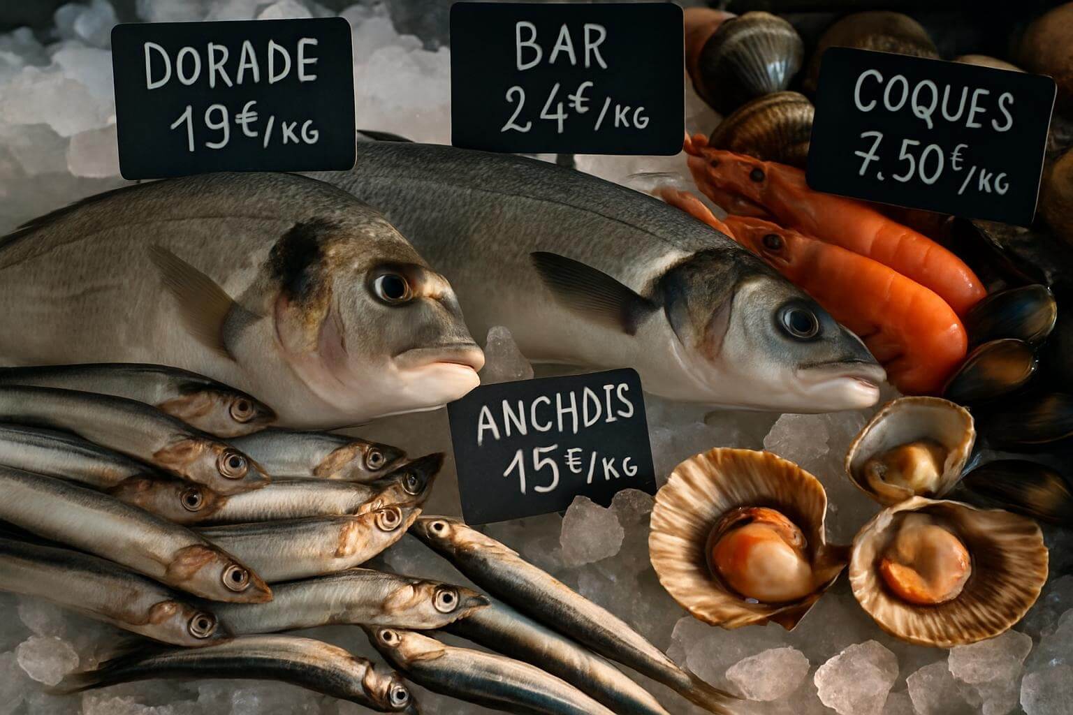 Fresh Mediterranean seafood display at Nice Fish Market featuring glistening sea bream, silver sea bass, anchovies, and colorful shellfish on ice with French price tags