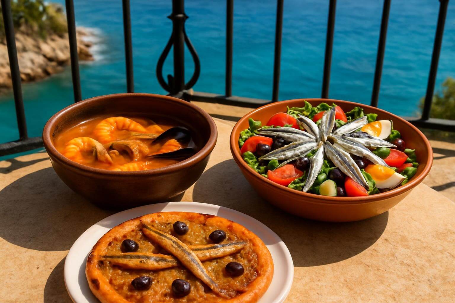 Traditional Niçoise seafood dishes including bouillabaisse fish stew, pissaladière with anchovies, and authentic salade niçoise made with Nice Fish Market ingredients on Mediterranean terrace