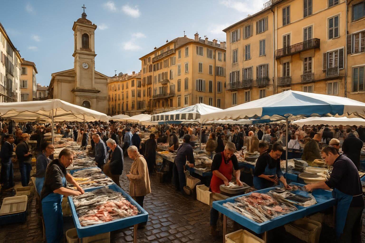 Wide view of Place Saint-François showing complete Nice Fish Market scene with historic architecture, busy vendors and shoppers, cobblestone streets, and traditional French market atmosphere