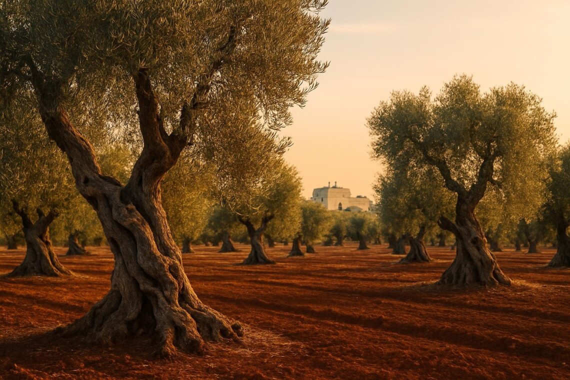Ancient olive groves in Puglia at sunset with traditional masseria farmhouse