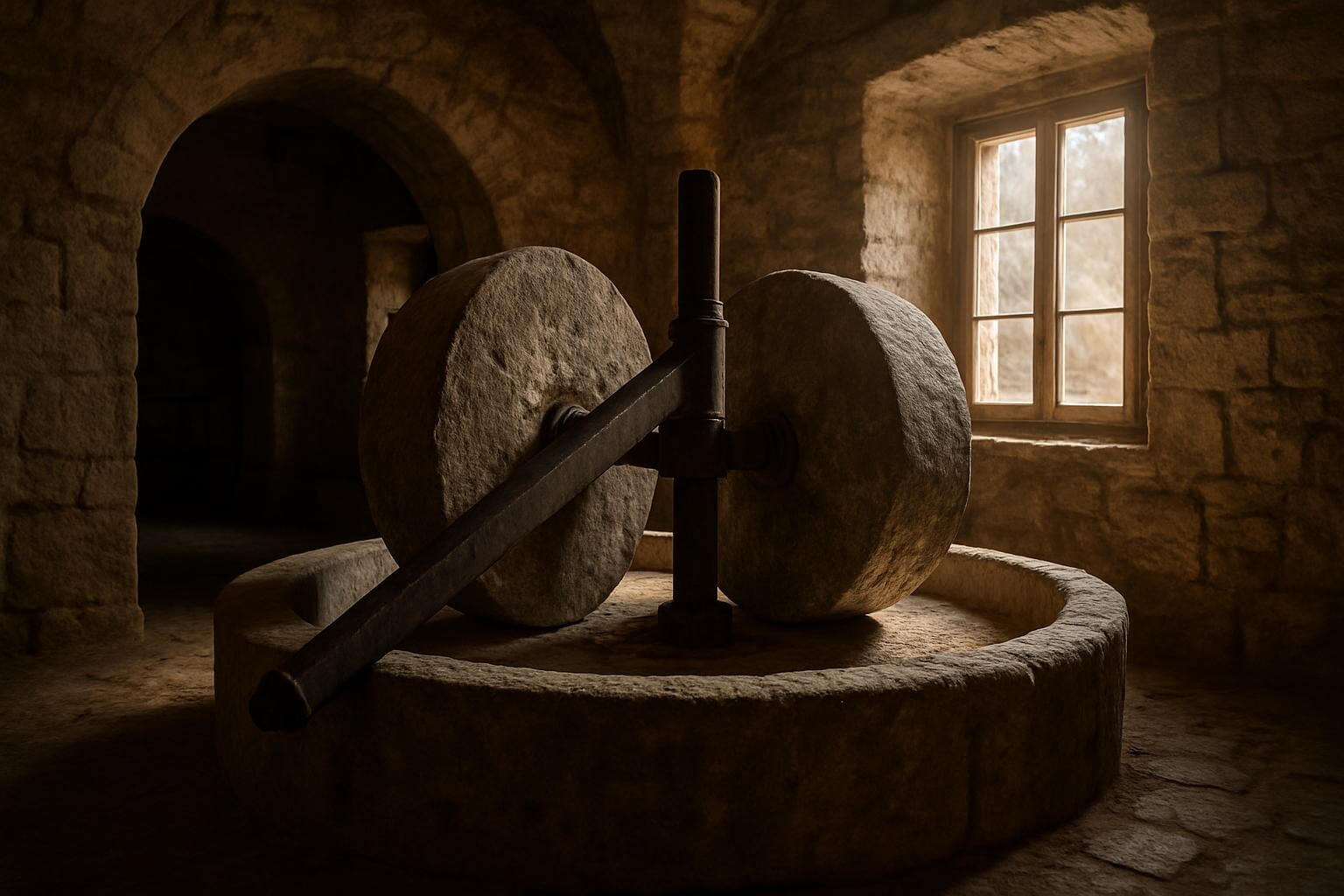 Historic stone olive press inside traditional Puglian frantoio