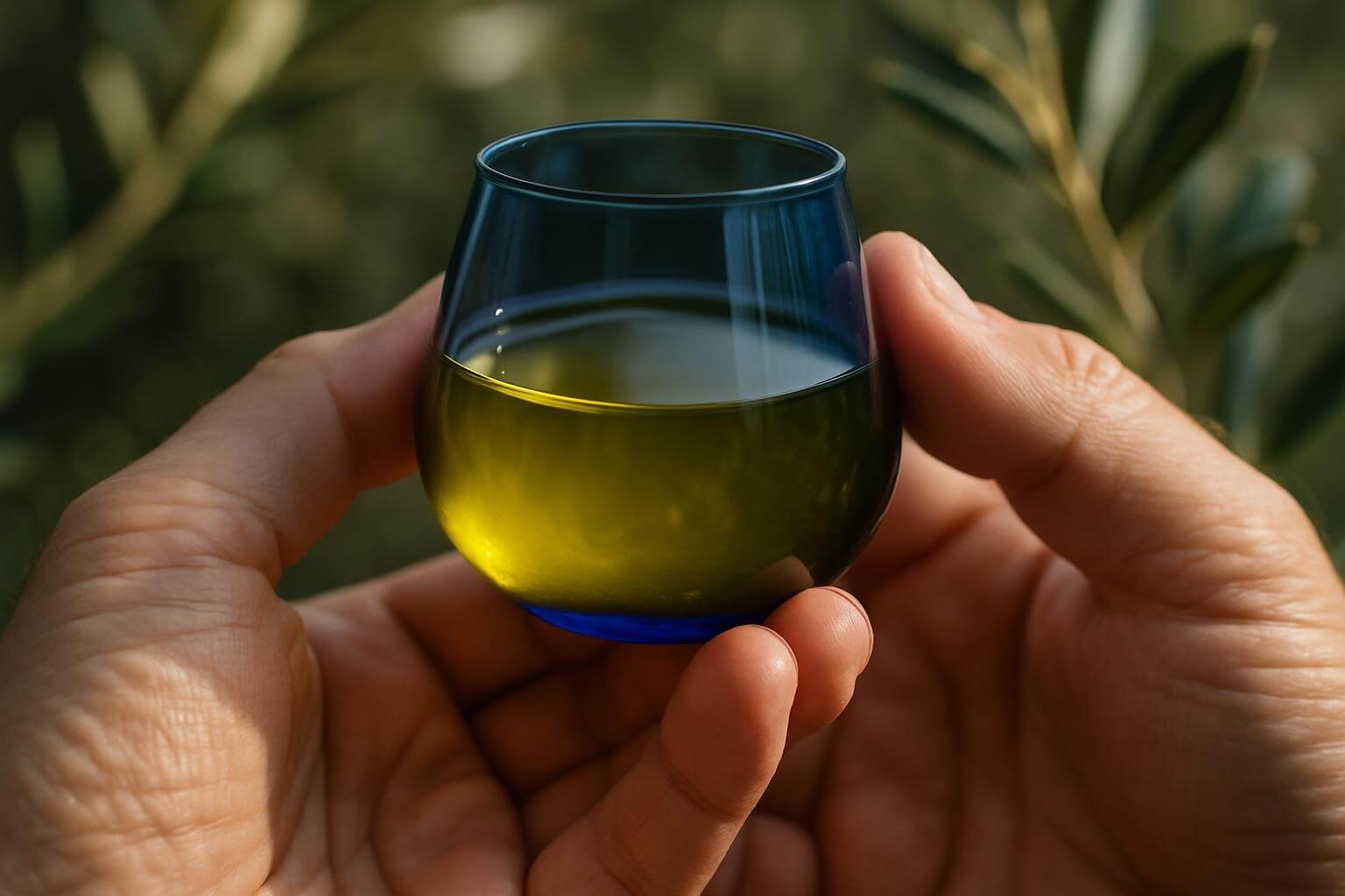 Professional olive oil tasting with cobalt blue glass and fresh olives