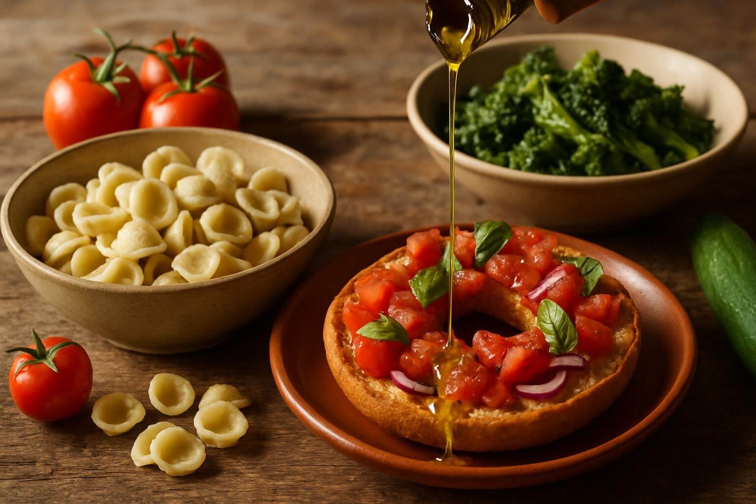 Traditional Puglian cuisine drizzled with extra virgin olive oil