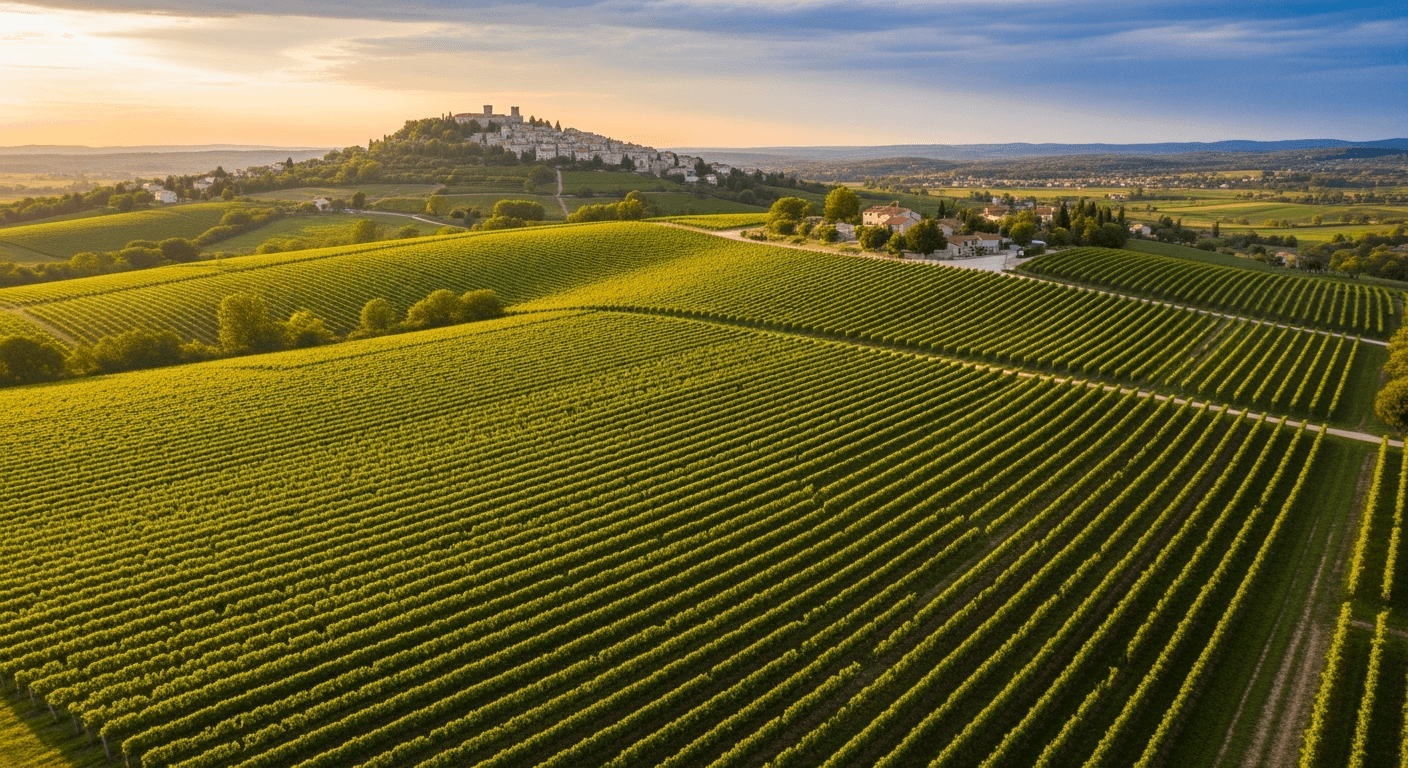 Aerial view of Istrian vineyard landscape with medieval hilltop town at sunset