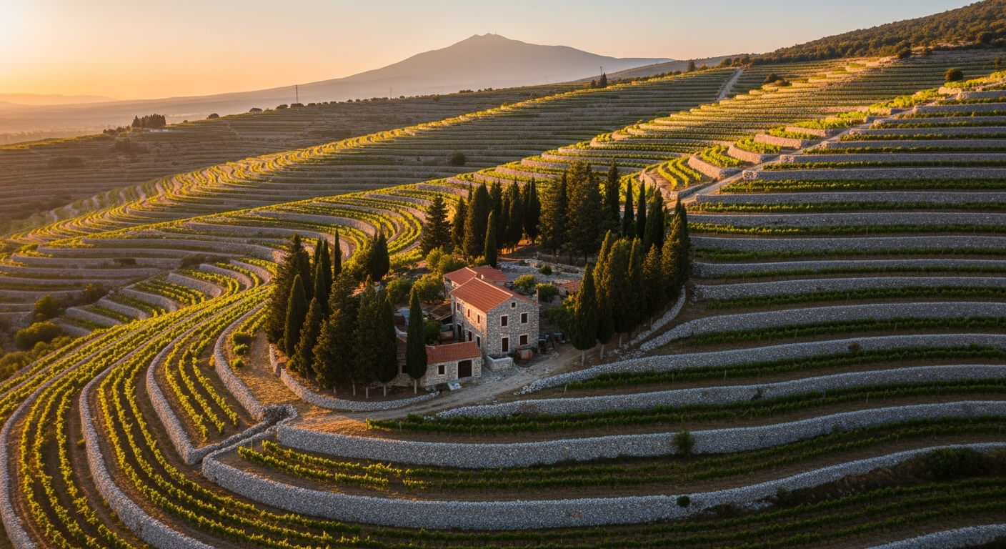 Aerial view of terraced vineyards in Archanes wine region Crete