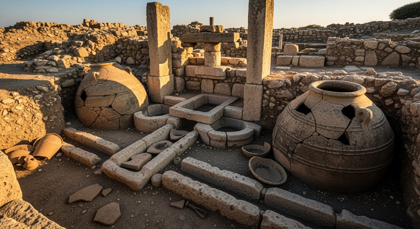 Ancient Minoan wine press at Vathypetro archaeological site in Crete