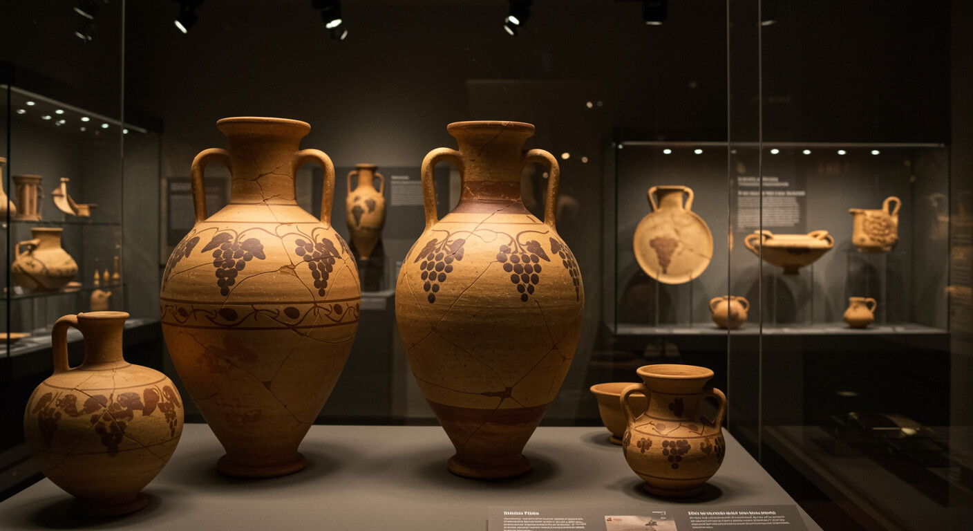 Ancient Minoan wine vessels and clay amphorae with grape decorations in archaeological display