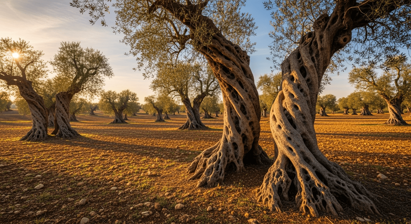 Ancient olive trees in Puglian countryside with twisted trunks and golden light