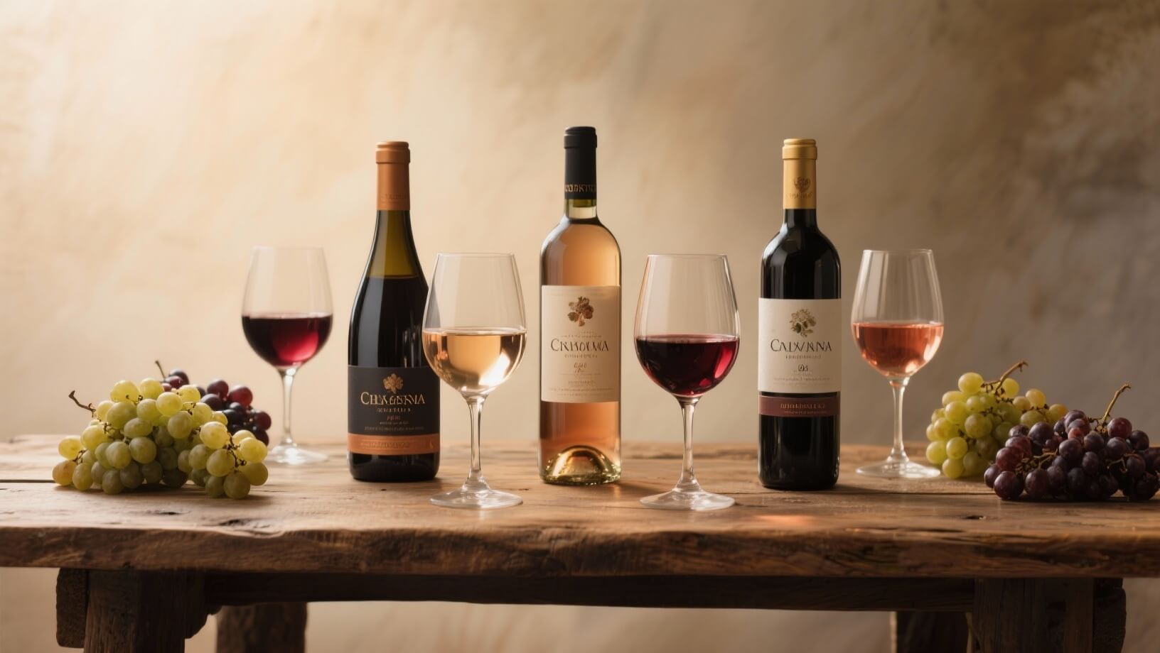 Collection of Cretan wine bottles from Chania wineries with filled glasses and grape clusters