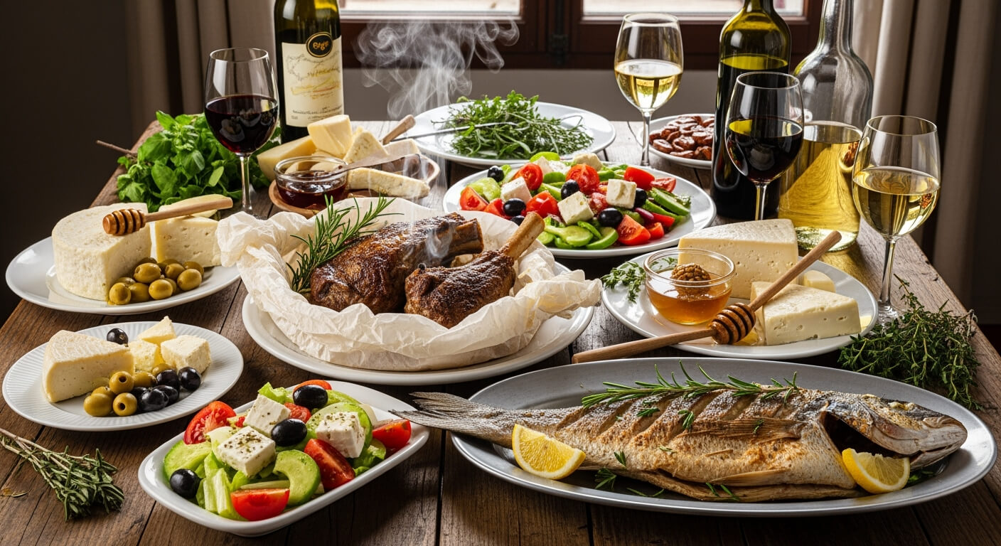 Cretan cuisine paired with local red and white wines on rustic table