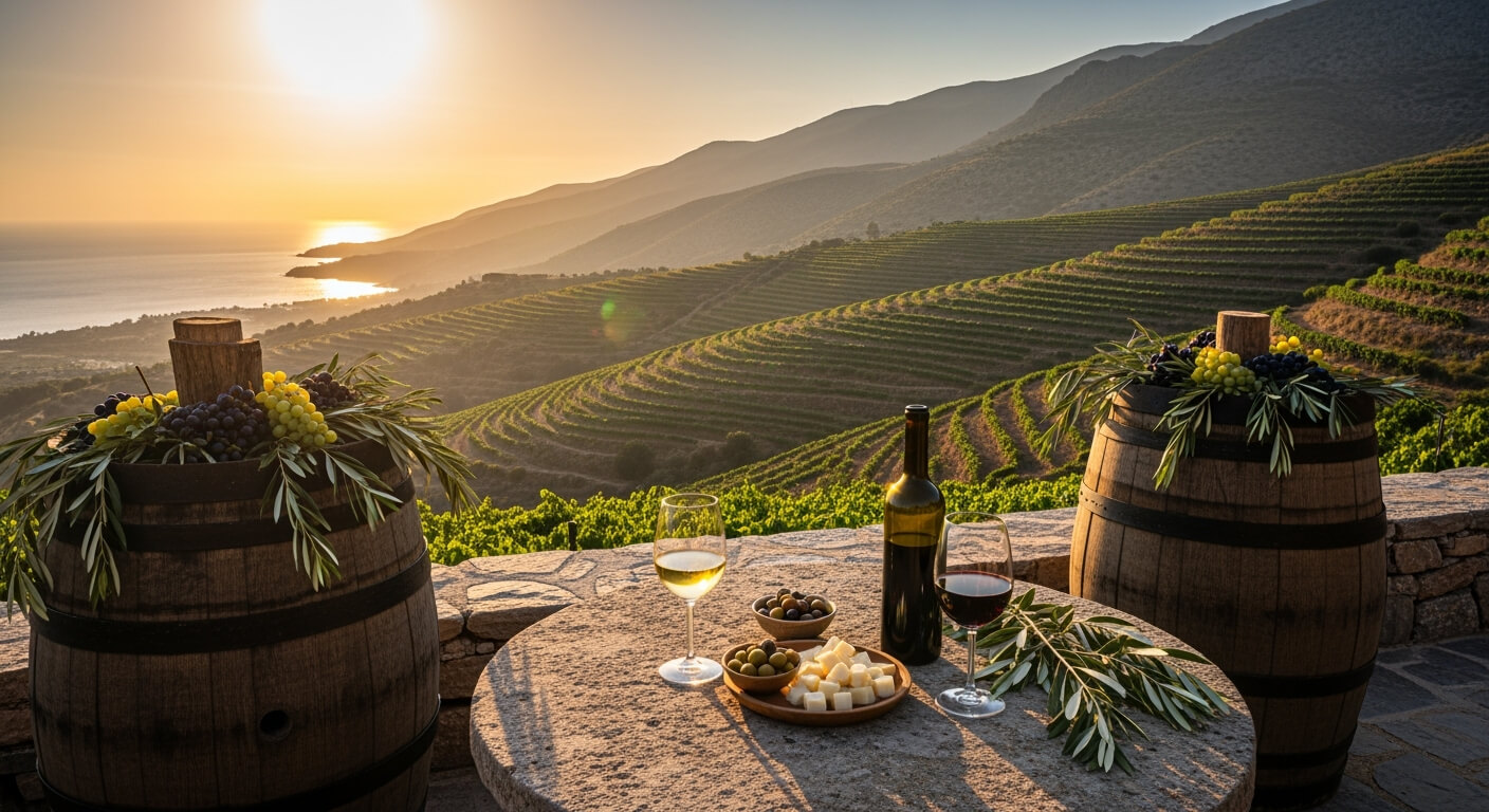 Cretan winery terrace overlooking Mediterranean vineyards at sunset with wine glasses