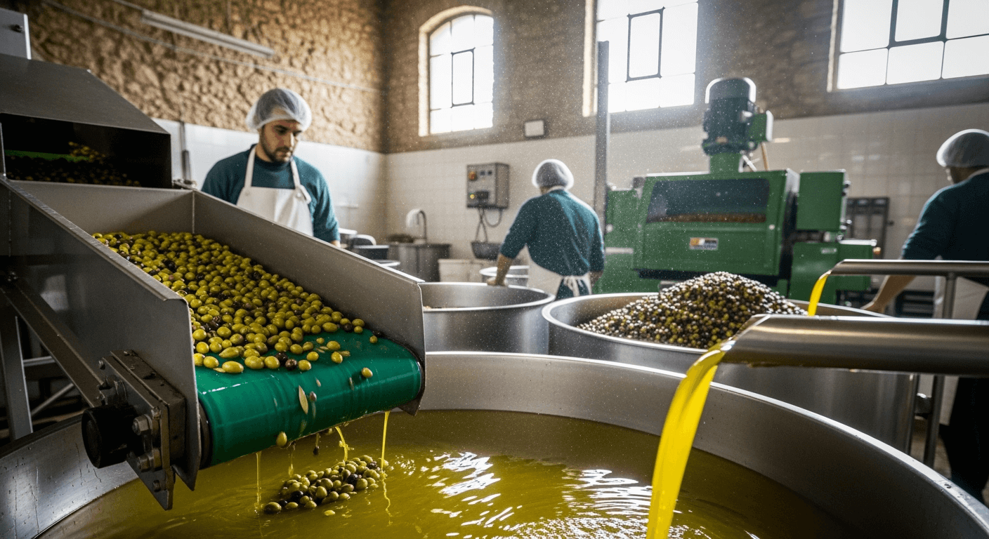 Fresh olive oil production in modern frantoio mill during harvest