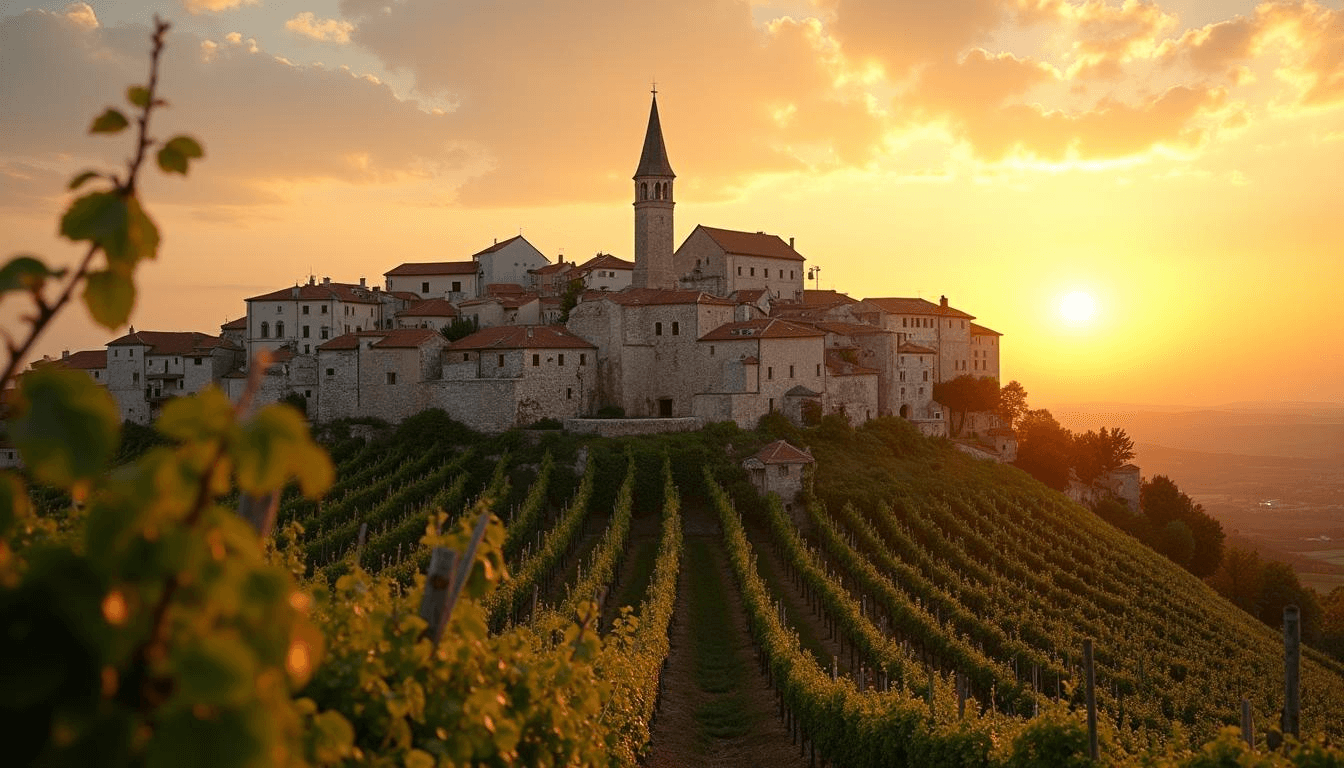 Medieval Istrian hilltop town at sunset with vineyards in foreground