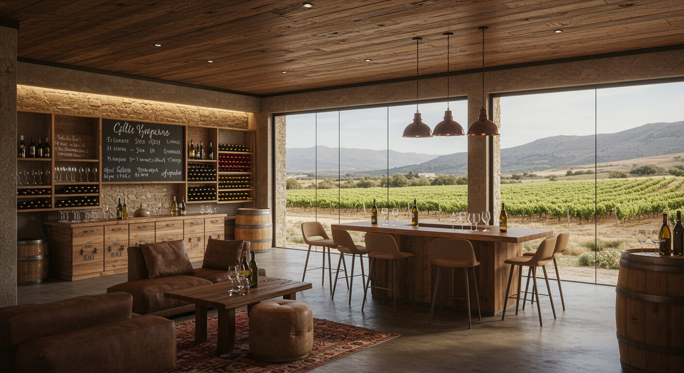 Modern Cretan winery tasting room with vineyard views through large windows in Chania