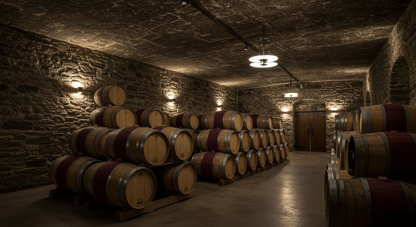 Modern wine cellar with oak barrels at Istrian winery
