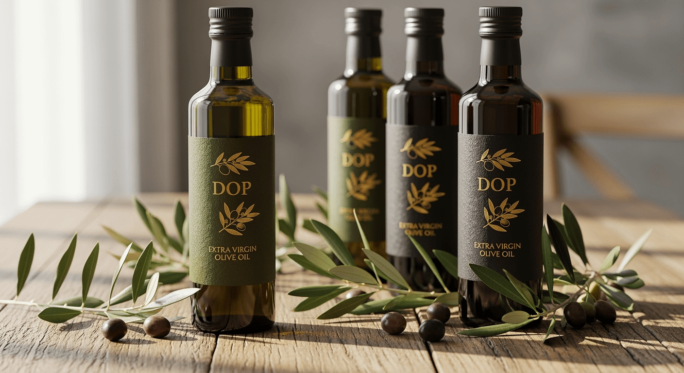 Premium extra virgin olive oil bottles with DOP certification labels