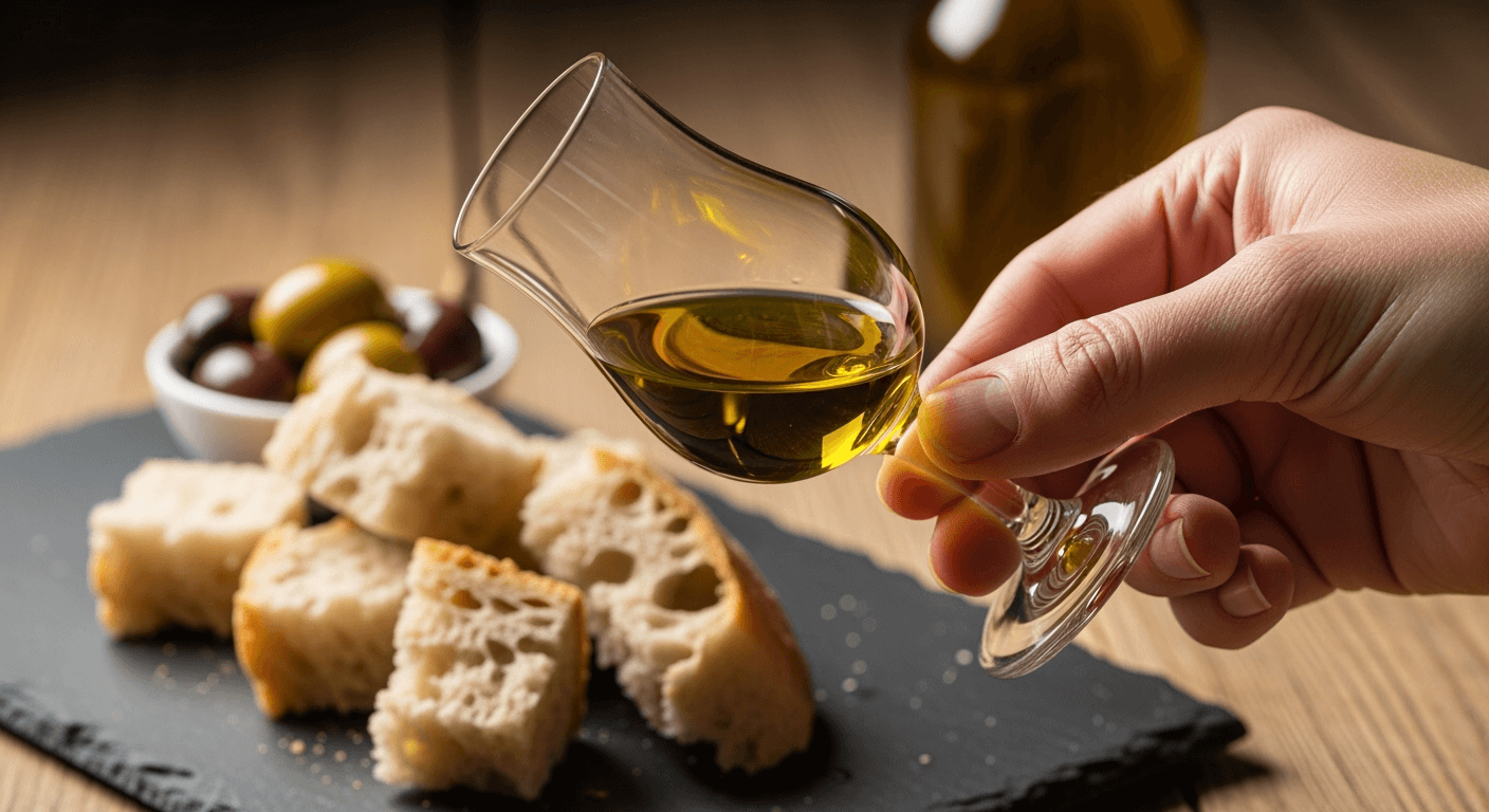 Professional olive oil tasting setup with glass cups and fresh bread
