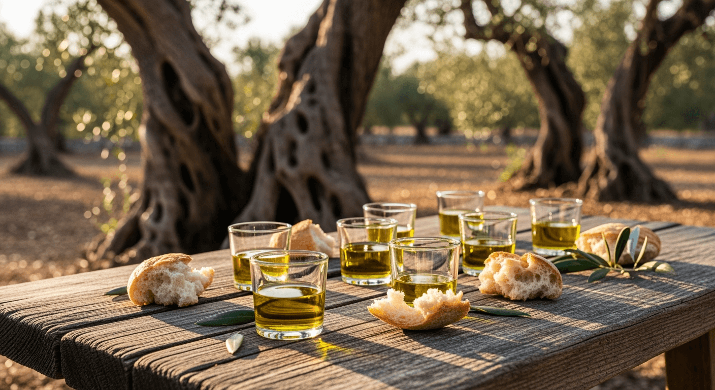 Rustic olive oil tasting in ancient grove with golden extra virgin oil