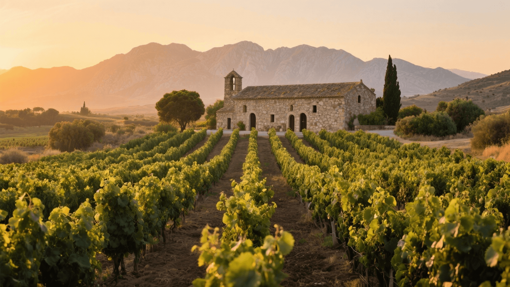 Scenic Cretan vineyard in Chania with White Mountains and traditional winery at sunset