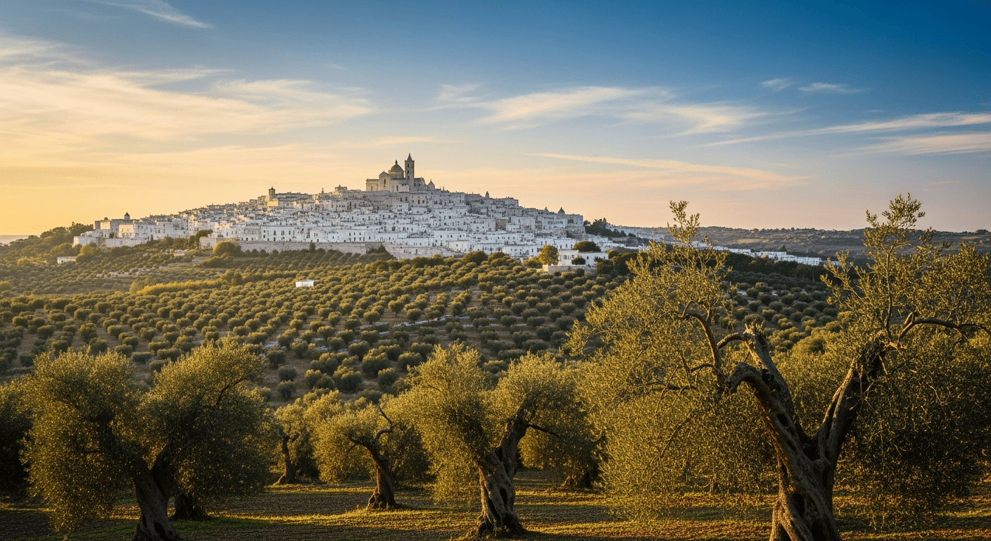 Scenic Puglian landscape with hilltop white town and Mediterranean olive groves