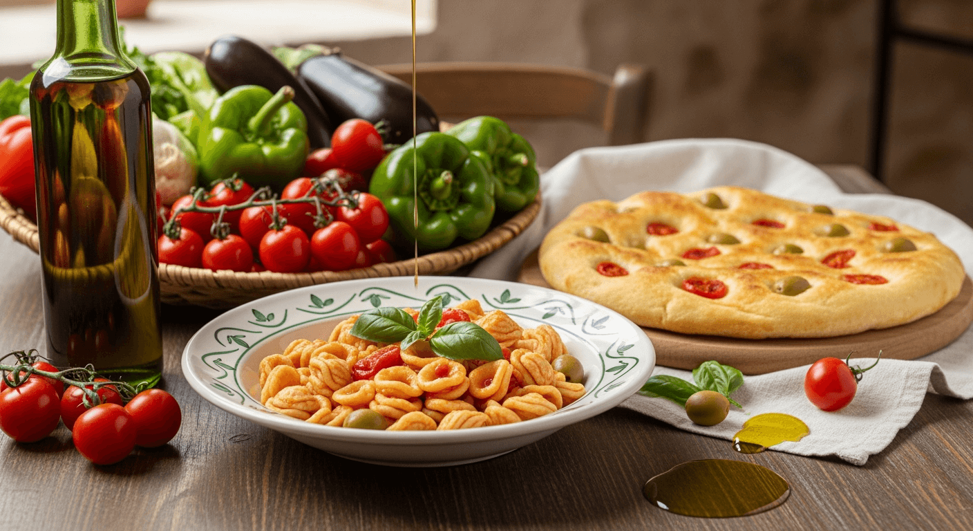 Traditional Puglian dishes with orecchiette pasta and focaccia drizzled with olive oil