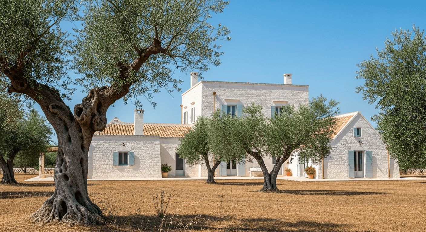 Traditional whitewashed Puglian masseria farmhouse surrounded by olive groves