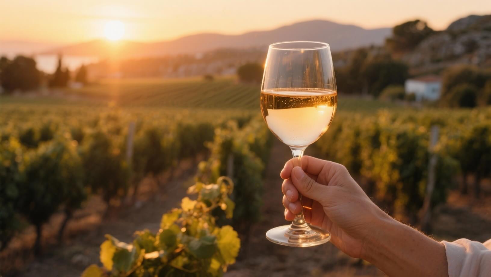 Wine glass raised in toast at Cretan vineyard during golden hour sunset