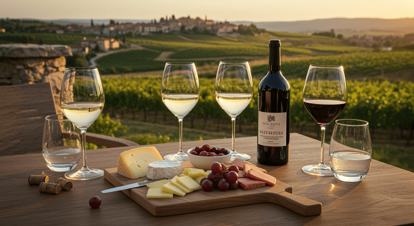 Wine tasting setup with Istrian wines overlooking vineyard countryside