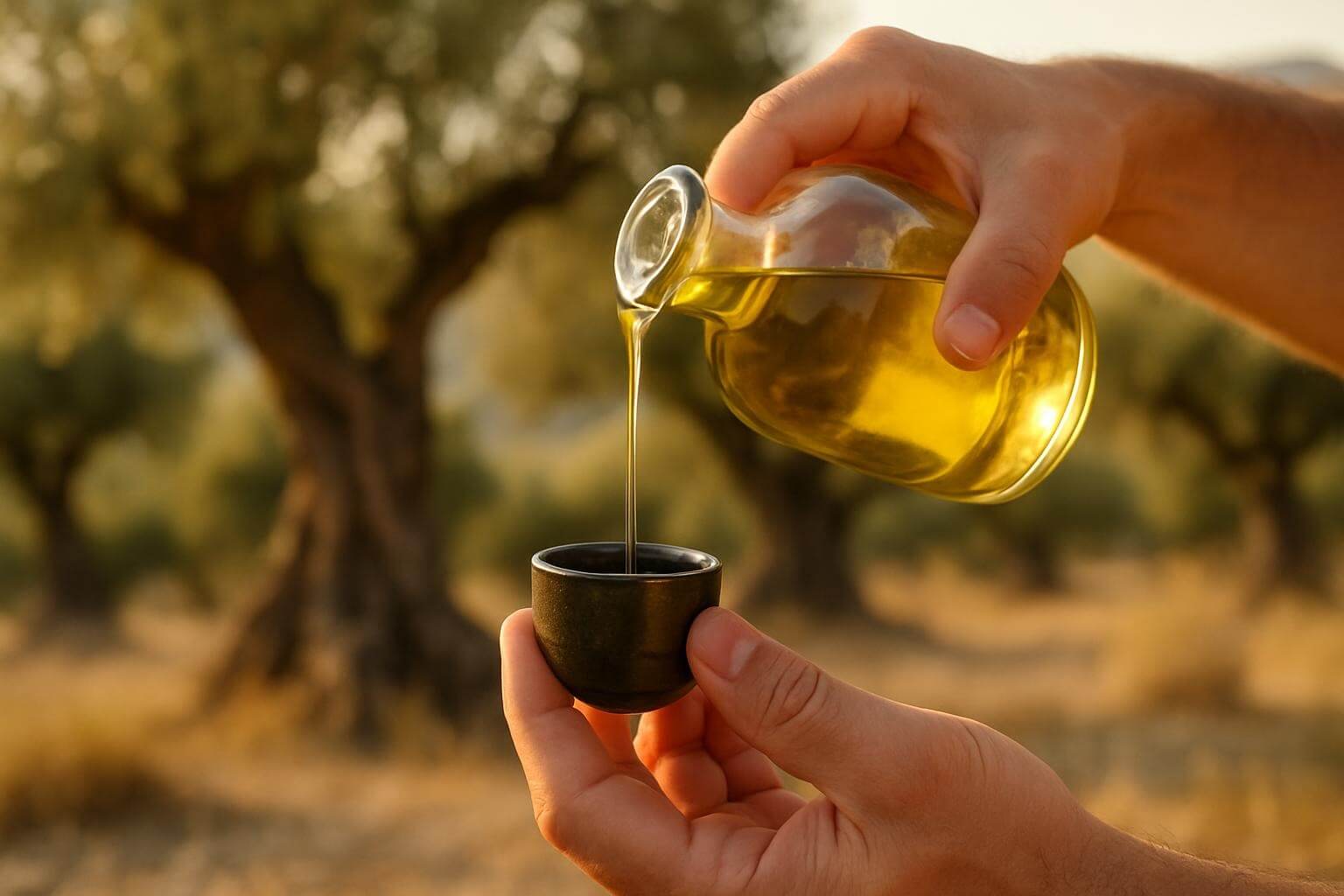 Cretan olive oil from a glass bottle into a small tasting cup
