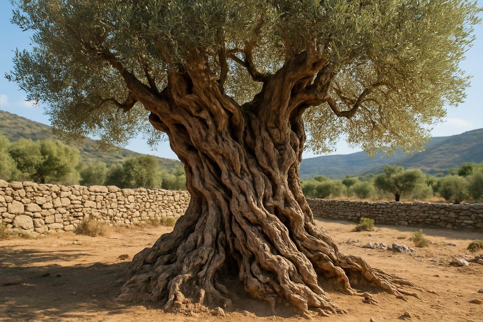 Ancient olive tree in Crete with gnarled trunk showing thousands of years of growth