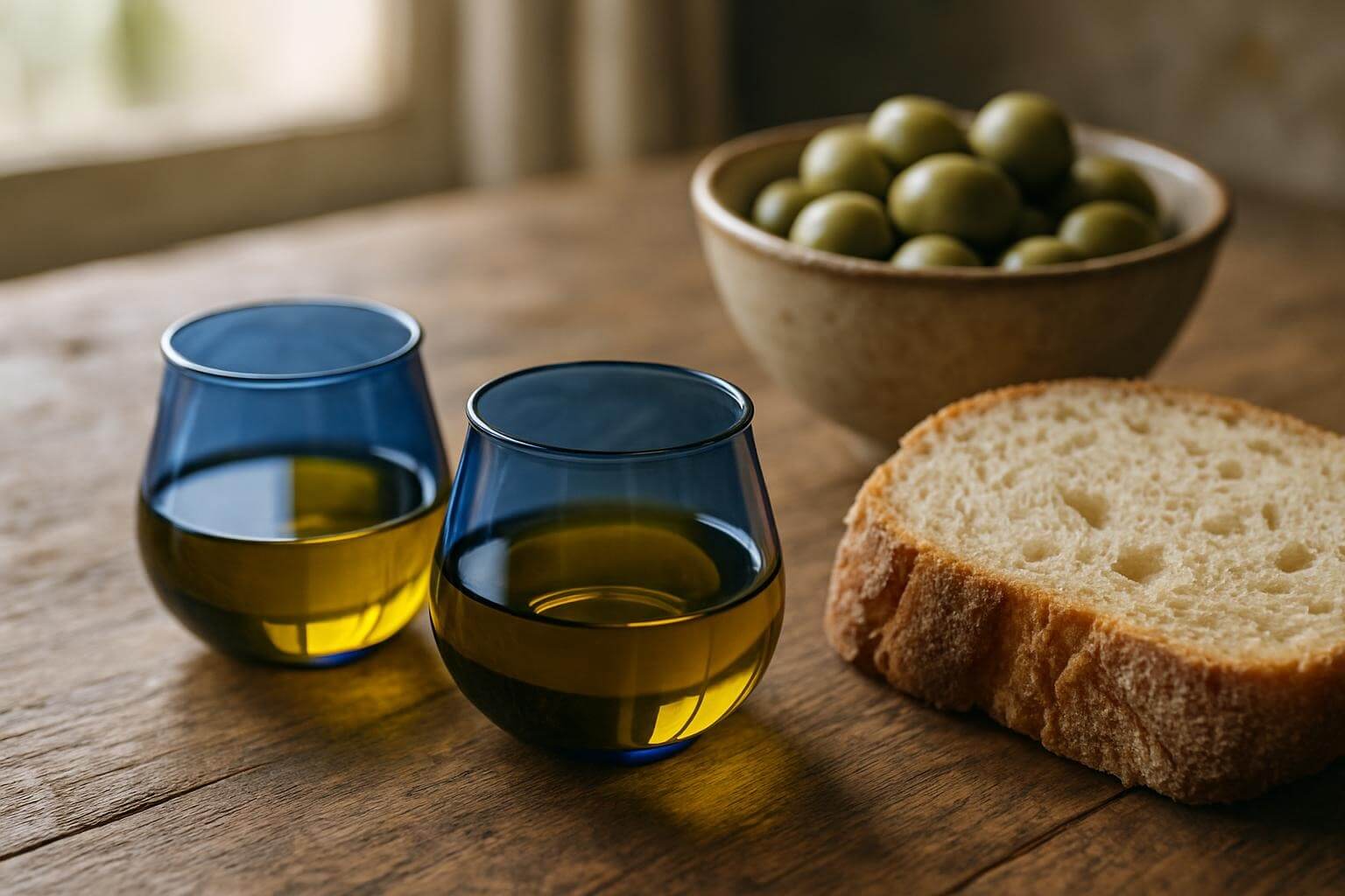 Olive oil tasting setup with blue glasses and fresh bread on rustic Cretan table