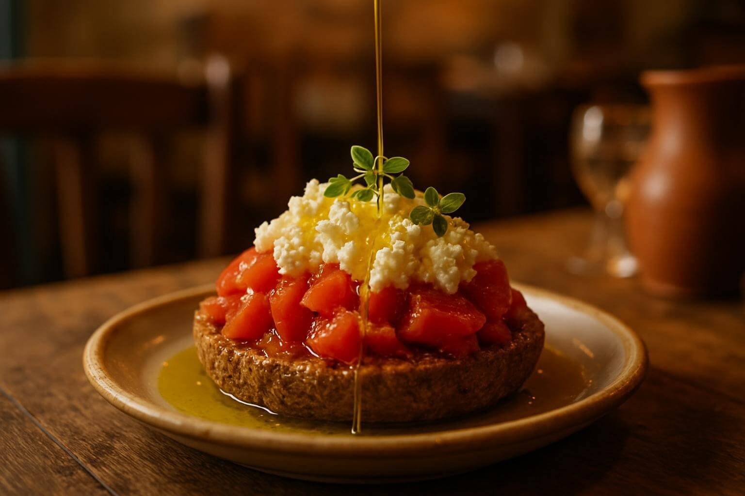Traditional Cretan dakos with olive oil being drizzled over tomatoes and mizithra cheese